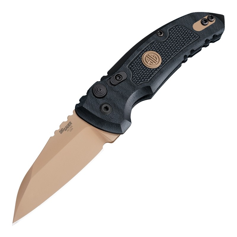 SIG A01-MicroSwitch Emperor Scorpion Automatic Folder: 2.75" Wharncliffe Blade - FDE PVD Finish, Solid Black G10 Frame