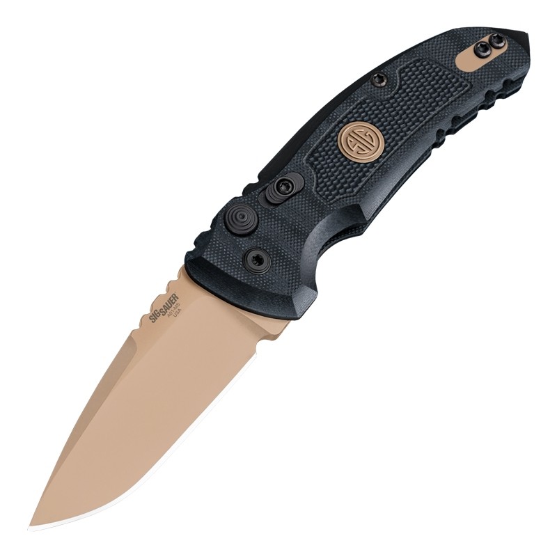 SIG A01-MicroSwitch Emperor Scorpion Automatic Folder: 2.75" Drop Point Blade - FDE PVD Finish, Solid Black G10 Frame