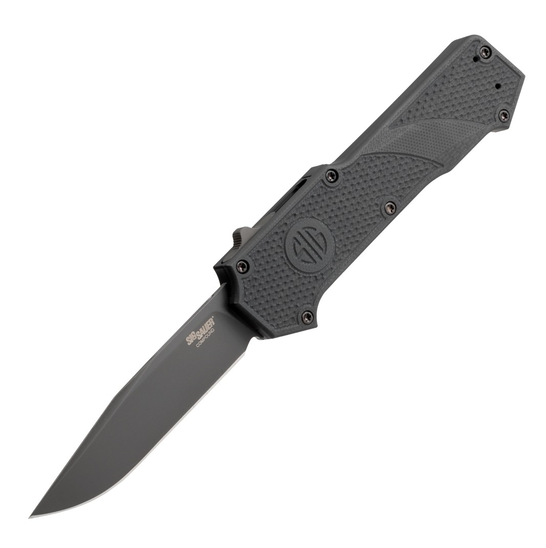 SIG Compound Tactical OTF Automatic: 3.5" Clip Point Blade - Grey PVD Finish, Solid Black G10 Frame