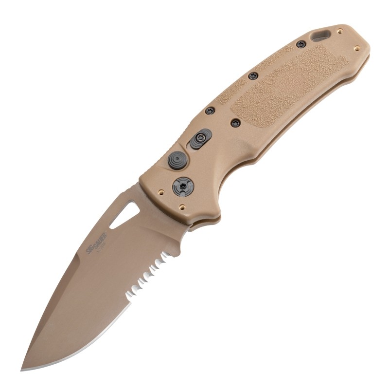 SIG K320A M17/M18 Automatic Folder: 3.5" Drop Point Blade (Partially Serrated) - Coyote PVD Finish, Coyote Tan Polymer Frame