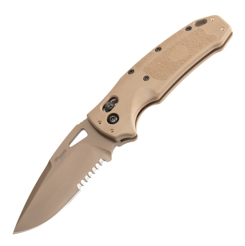 SIG K320 M17/M18 Manual Folder: 3.5" Drop Point Blade (Partially Serrated) - Coyote PVD Finish, Coyote Tan Polymer Frame