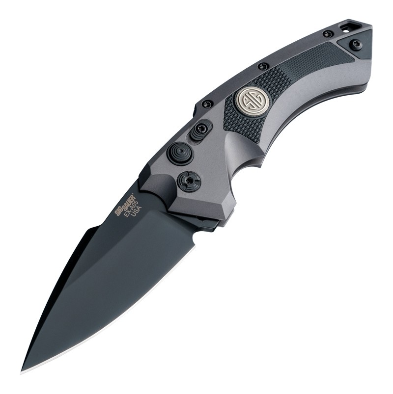 SIG EX-A05 Tactical Automatic Folder: 3.5" Spear Point Blade - Black Cerakote Finish, Matte Grey Aluminum Frame & Solid Black G10 Inserts