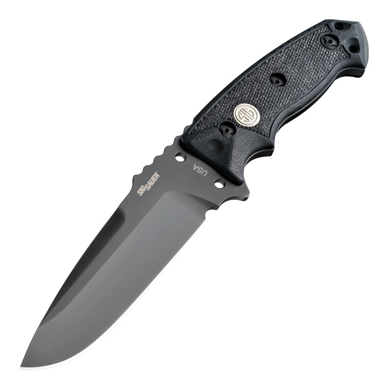 SIG EX-F01 Tactical Fixed Blade: 5.5" Drop Point Blade - Grey Cerakote Finish, Solid Black G10 Scales