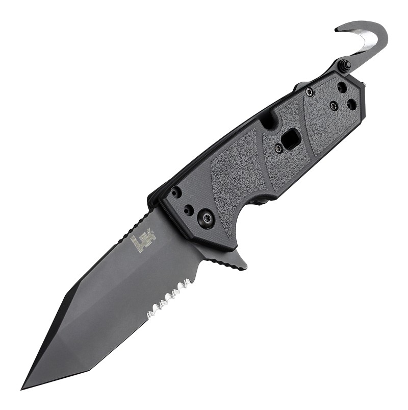 HK Karma First Response Tool: 3.75" Tanto Blade (Partially Serrated) - Black Cerakote Finish, Solid Black G10 Frame