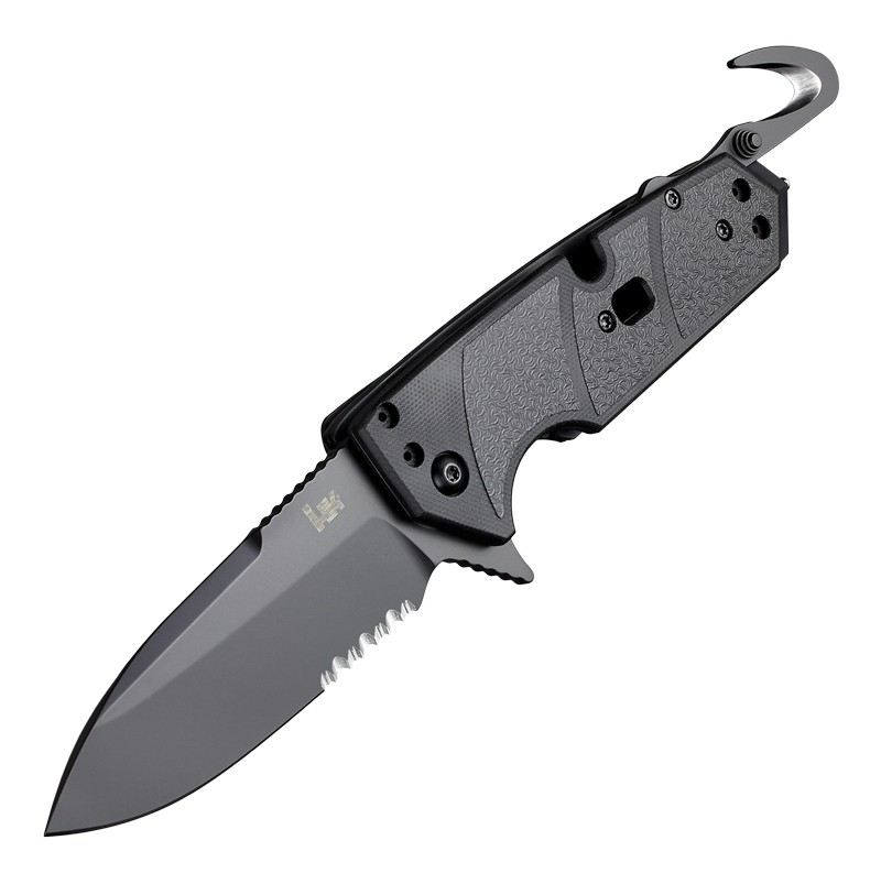 HK Karma First Response Tool: 3.75" Spear Point Blade (Partially Serrated) - Black Cerakote Finish, Solid Black G10 Frame