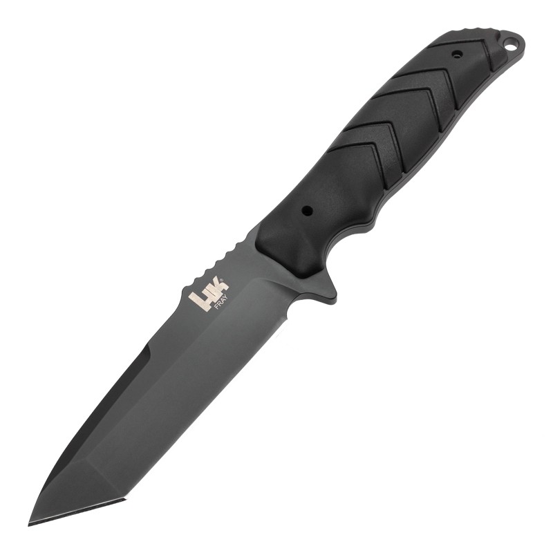 HK Fray Fixed Blade: 4.2" Tanto Blade - Black Cerakote Finish, Black OverMolded Scales (Paracord Included)