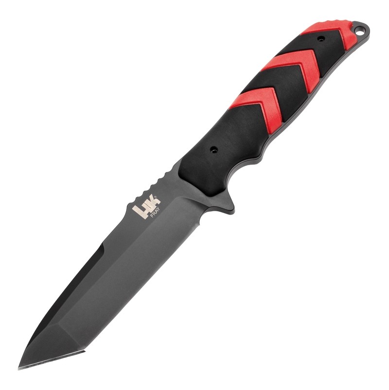 HK Fray Fixed Blade: 4.2" Tanto Blade - Black Cerakote Finish, Black/Red OverMolded Scales (Paracord Included)