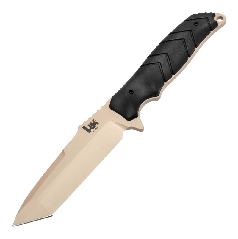 HK Fray Fixed Blade: 4.2" Tanto Blade - FDE Cerakote Finish, Black OverMolded Scales (Paracord Included)