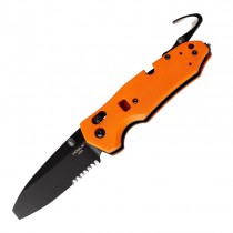 Trauma First Response Tool: 3.4" Opposing Bevel Blade (Partially Serrated) - Black Cerakote Finish, Orange G10 Frame