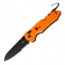 Trauma First Response Tool: 3.4" Sheepsfoot Blade (Partially Serrated) - Black Cerakote Finish, Orange G10 Frame