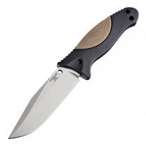 EX-F02 Fixed Blade: 4.5" Clip Point Blade - Tumbled Finish, Black Polymer Frame with FDE OverMolded Rubber Insert