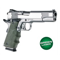 Green Laser Enhanced Grip for 1911 Govt. Model: OverMolded Rubber - OD Green