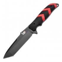 HK Fray Fixed Blade: 4.2" Tanto Blade - Black Cerakote Finish, Black/Red OverMolded Scales (Paracord Included)