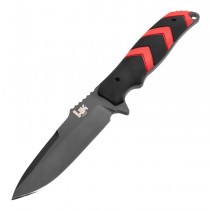 HK Fray Fixed Blade: 4.2" Clip Point Blade - Black Cerakote Finish, Black/Red OverMolded Scales (Paracord Included)